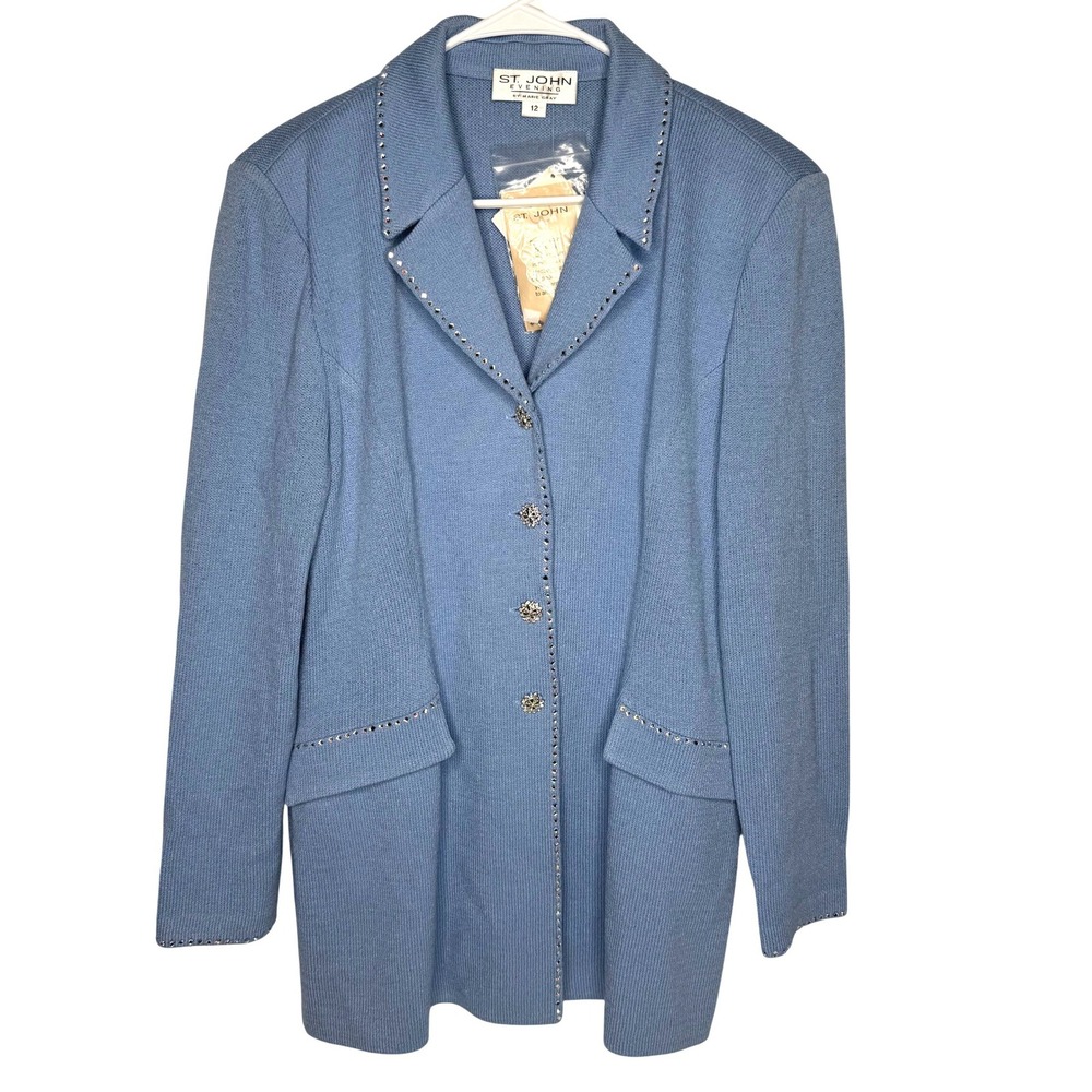 St John Evening Marie Gray Blue Wool Knit Rhinestone Blazer Jacket Size 12 NEW